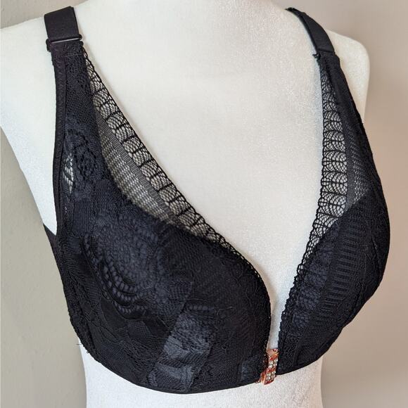 Black Lace Plunge Wireless Bra Rose Gold Clasp Adjustable Straps Band Size 36 - Picture 2 of 9
